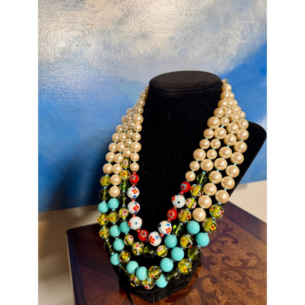 Vintage Tanner Multi-Strand Lampwork Bead & Faux Pearl Necklace